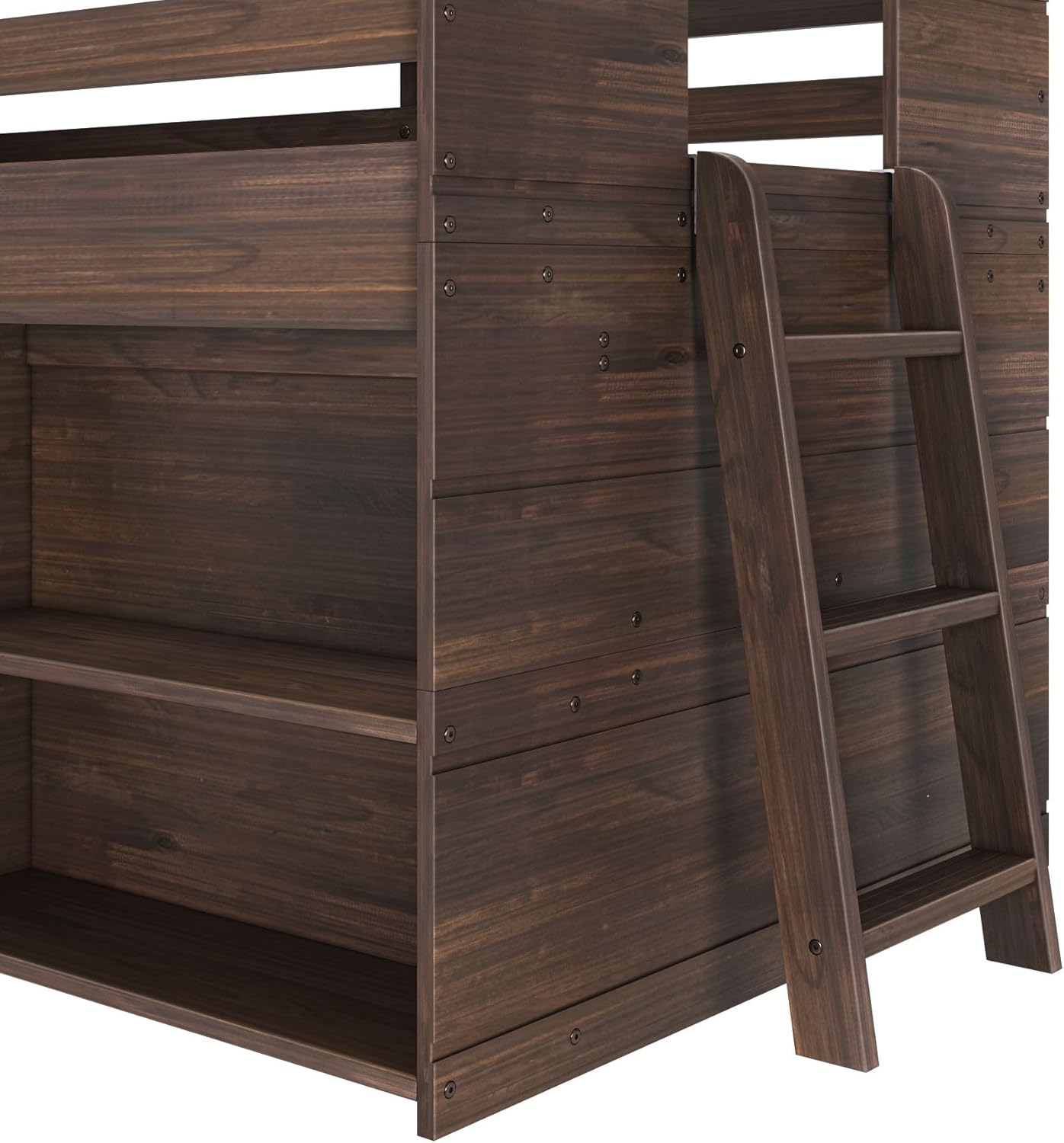 Max & Lily Modern Farmhouse Twin Low Loft Bed with Bookcase - Solid Wood, 15” Guardrails, 400-lb Capacity, Low-VOC Finish, Barnwood Brown