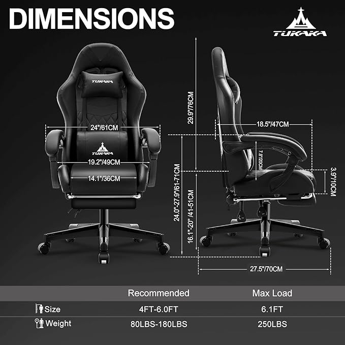 Gaming Chair,Ergonomic Massage Computer Office Desk Chair with Footrest,Pocket Spring Cushion,Reclining Leather Adjustable Gamer Chair with Headrest and Lumbar Support,Black