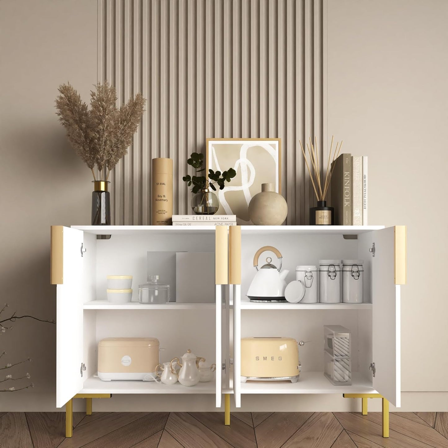 4 Doors Sideboard Buffet Cabinet with Adjustable Shelves,Modern Accent Sideboard with Golden Legs,Wide Storage Cabinet for Kitchen,Living Room,White