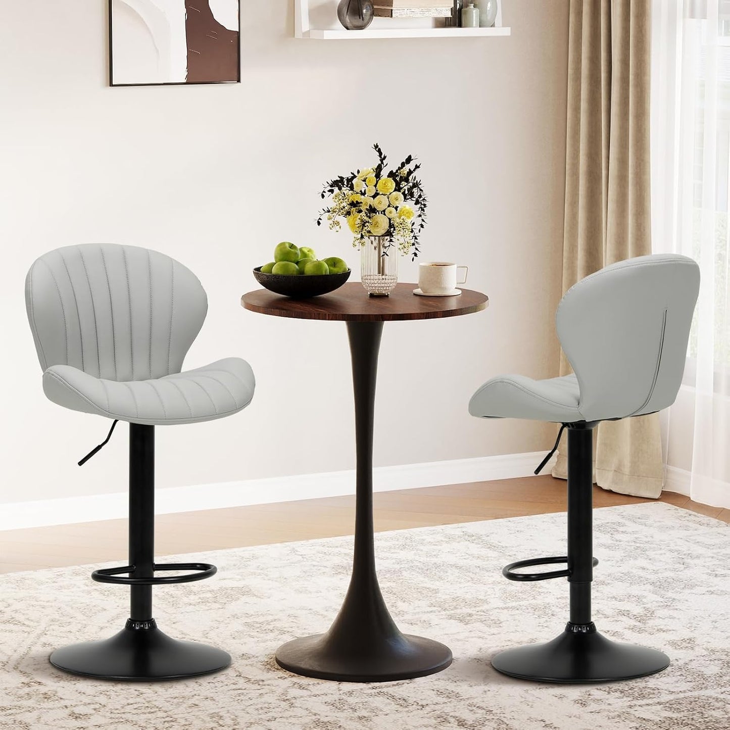 COLAMY Bar Stools Set of 6, Modern Swivel Bar Chairs, Adjustable Faux Leather Upholstered Barstools Counter Height with High Backrest for Bar, Kitchen Island, Dining Room, Grey