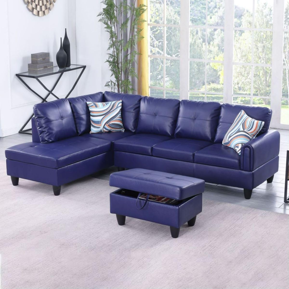 Blue L-Shaped 3-Piece Faux Leather Sofa with Storage Ottoman Set, Sectional Couch Sofa Set for Living Room, Office, Small Space