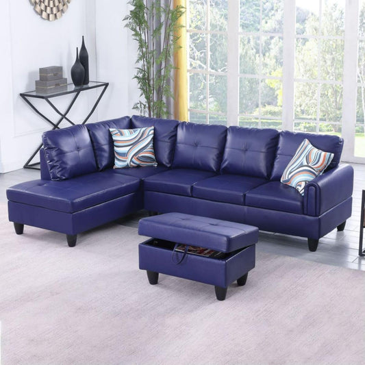 Blue L-Shaped 3-Piece Faux Leather Sofa with Storage Ottoman Set, Sectional Couch Sofa Set for Living Room, Office, Small Space