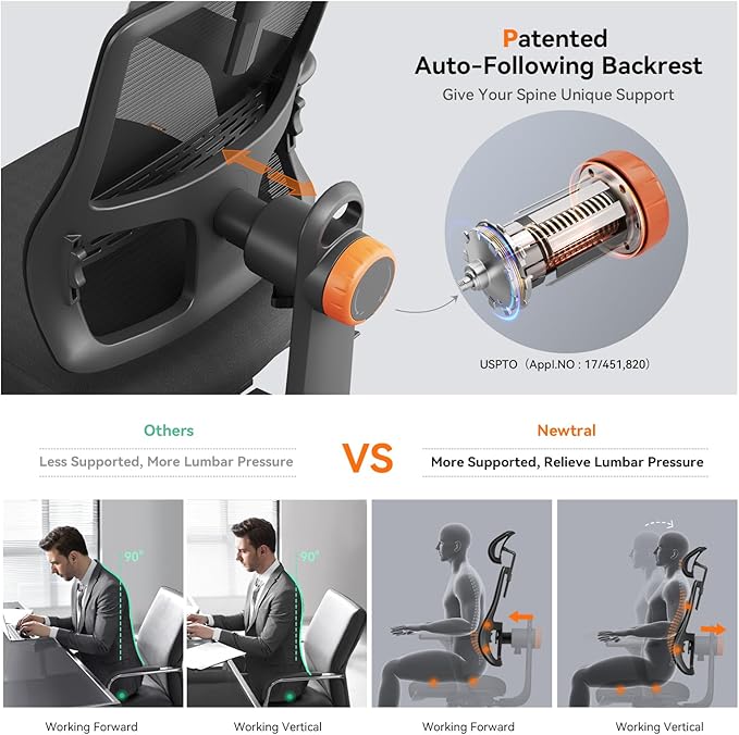 Newtral Ergonomic Office Chair with Adaptive Lumbar Support- High Back Desk Chair with Adjustable Headrest, 3D Armrest, Adjustable Seat Depth & Height, Home Office