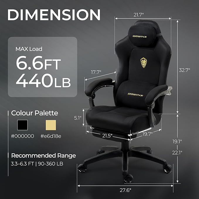 Dowinx Big and Tall Gaming Chair, Suede Fabric Game Chair with Pocket Spring Cushion, High Back Gamer Chair Ergonomic with Footrest for Adults Office, 440LBS, Black