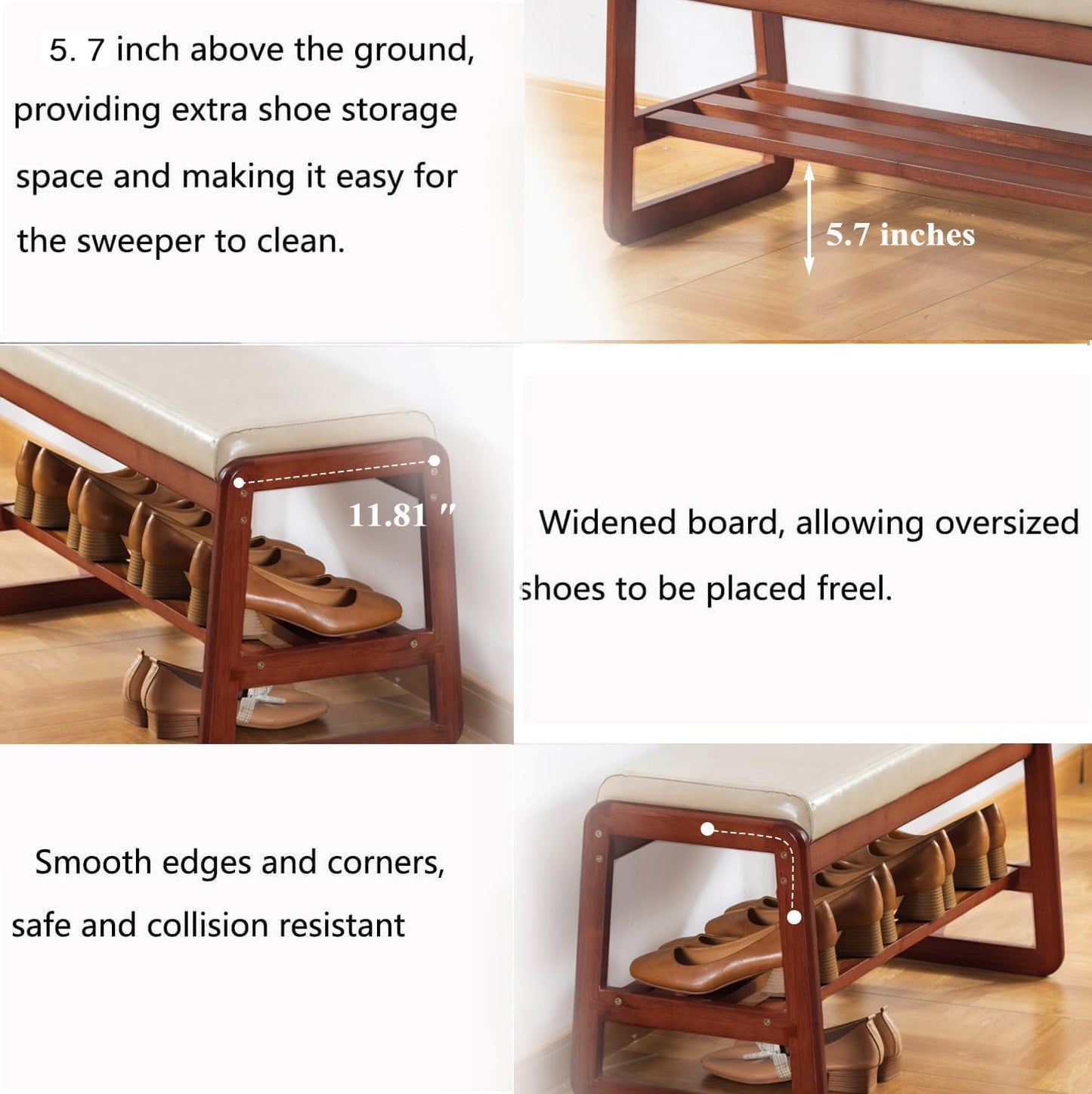 Solid Wood Shoe Bench, 2-Tier Wooden Entryway Bench, Modern Shoe Rack with Faux Leather Cushion for Hallway, Living Room (Gray, 39.4'')