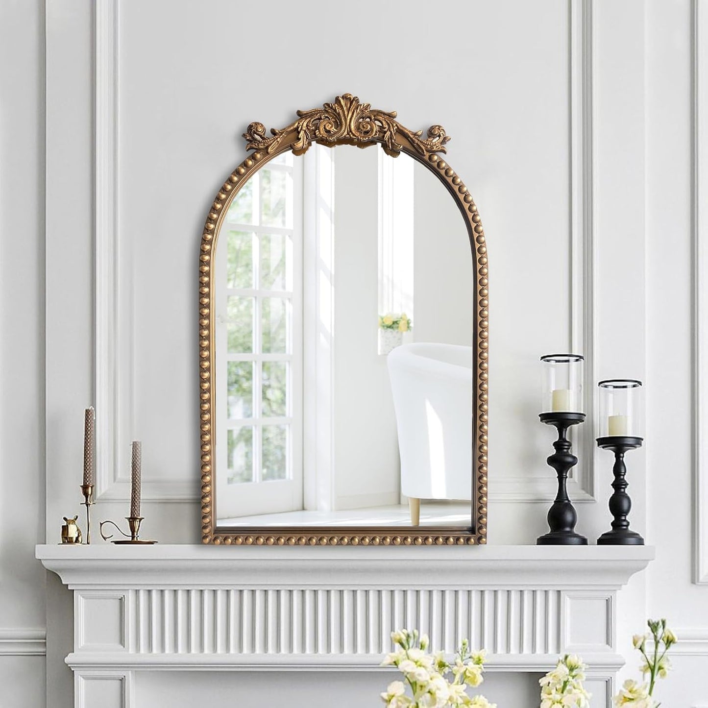 ironsmithn Gold Arched Mirror, 20"x32" Ornate Beaded Frame Mirror, Metal Decorative Accent Mirrors for Fireplace Bedroom Bathroom Living Room Entryway