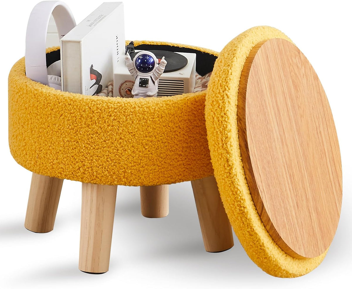 Wimarsbon Storage Ottoman, Modern Round Footrest with Soft Padded Seat, Teddy Velvet Footstool with Wood Legs, Accent Small Table or Plant Stand for Hallway, Living Room (Brilliant Yellow)