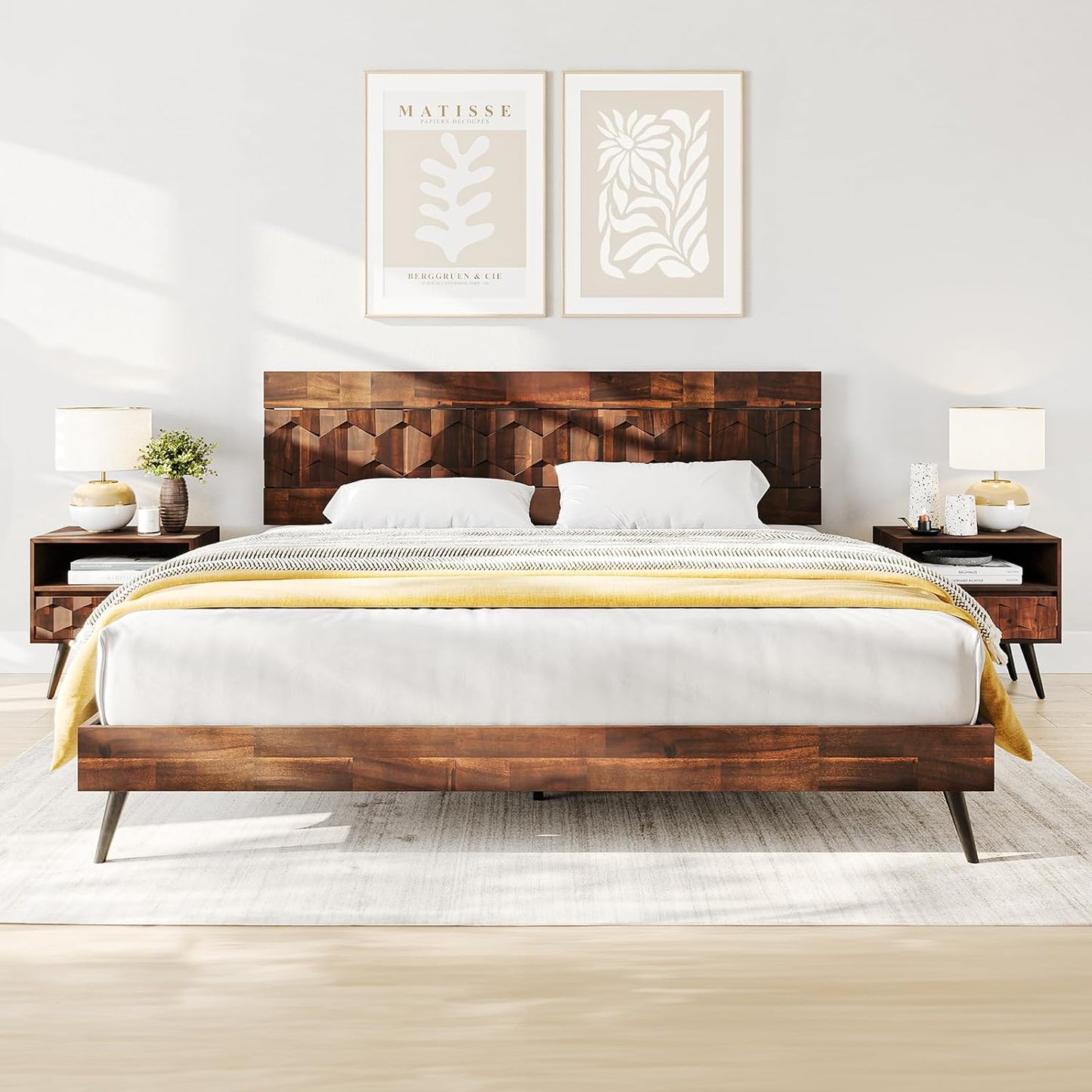 Bme Georgina Signature Dark Choco Bed Frame, King Bed Frame and Headboard Handcrafted Geometric, Mid Century Modern, Solid Acacia Wood, No Box Spring Needed, 12 Wood Slats Support, Easy Assembly