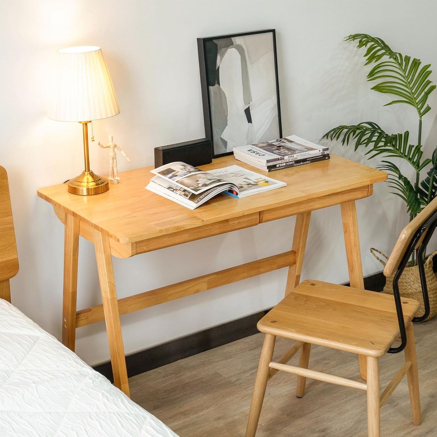 Computer Desk with Drawers, Solid Wood Writing Desk, Mid Century Modern Home Office Desks, Oak Study Table, Small Desk for Bedroom, 29.1 H x 39.4 W x 21.7 D Inches, Natural