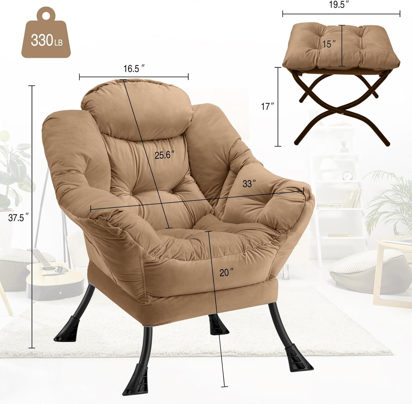 Lazy Chair with Folding Ottoman Modern Large Accent Chair,Contemporary Lounge Leisure Sofa Chair with Armrests Upholstered Sofa Armchair Reading Chair for Bedroom,Dorm & Office(Khaki-f)