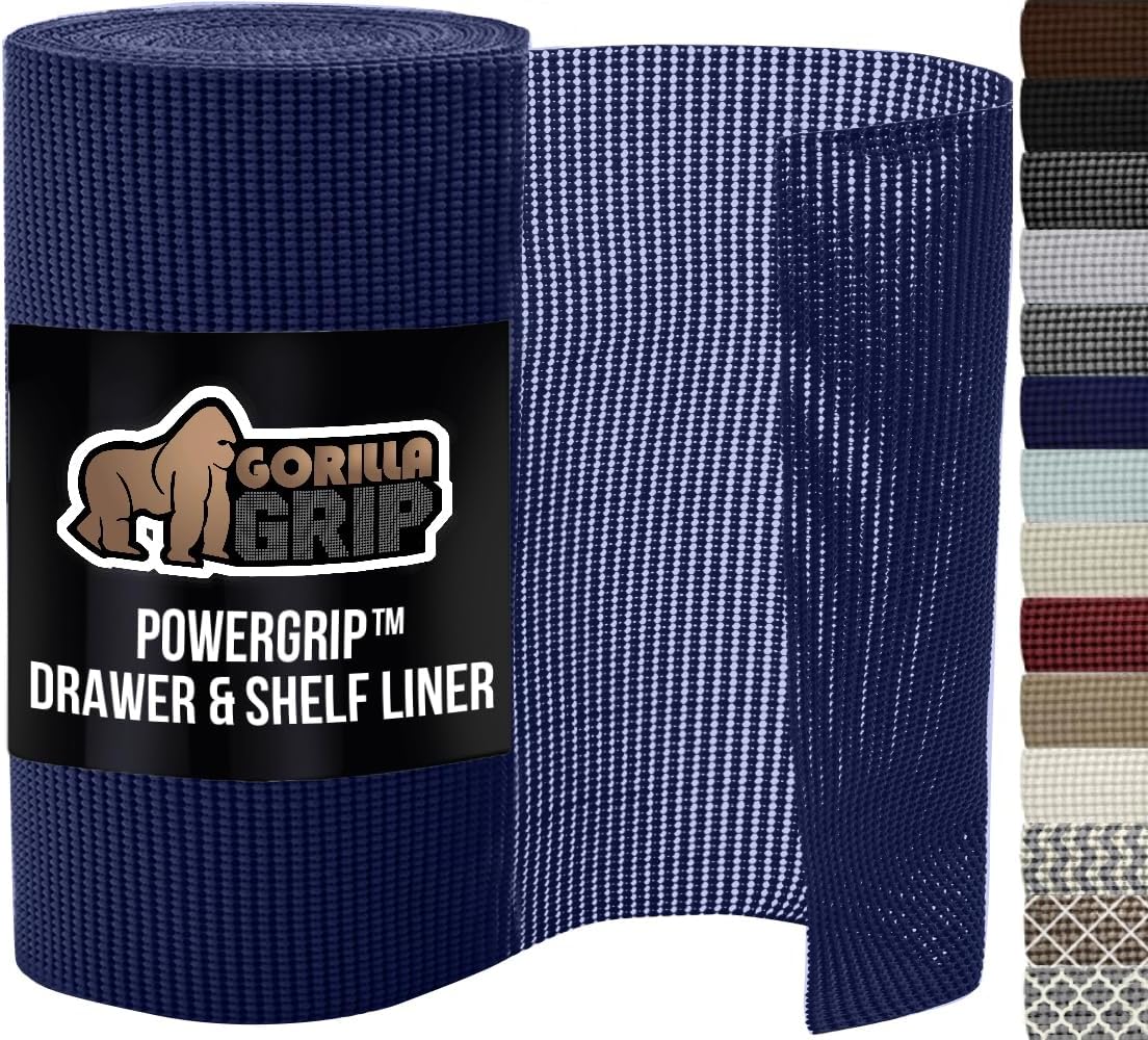 GORILLA GRIP powerGRIP Drawer Shelf and Cabinet Liner, Thick Strong Hold, Non-Adhesive Liners Protect Kitchen Cabinets and Cupboard, Bathroom Drawers, Easy Install, Breathable Mat, 12" x10', Navy Blue