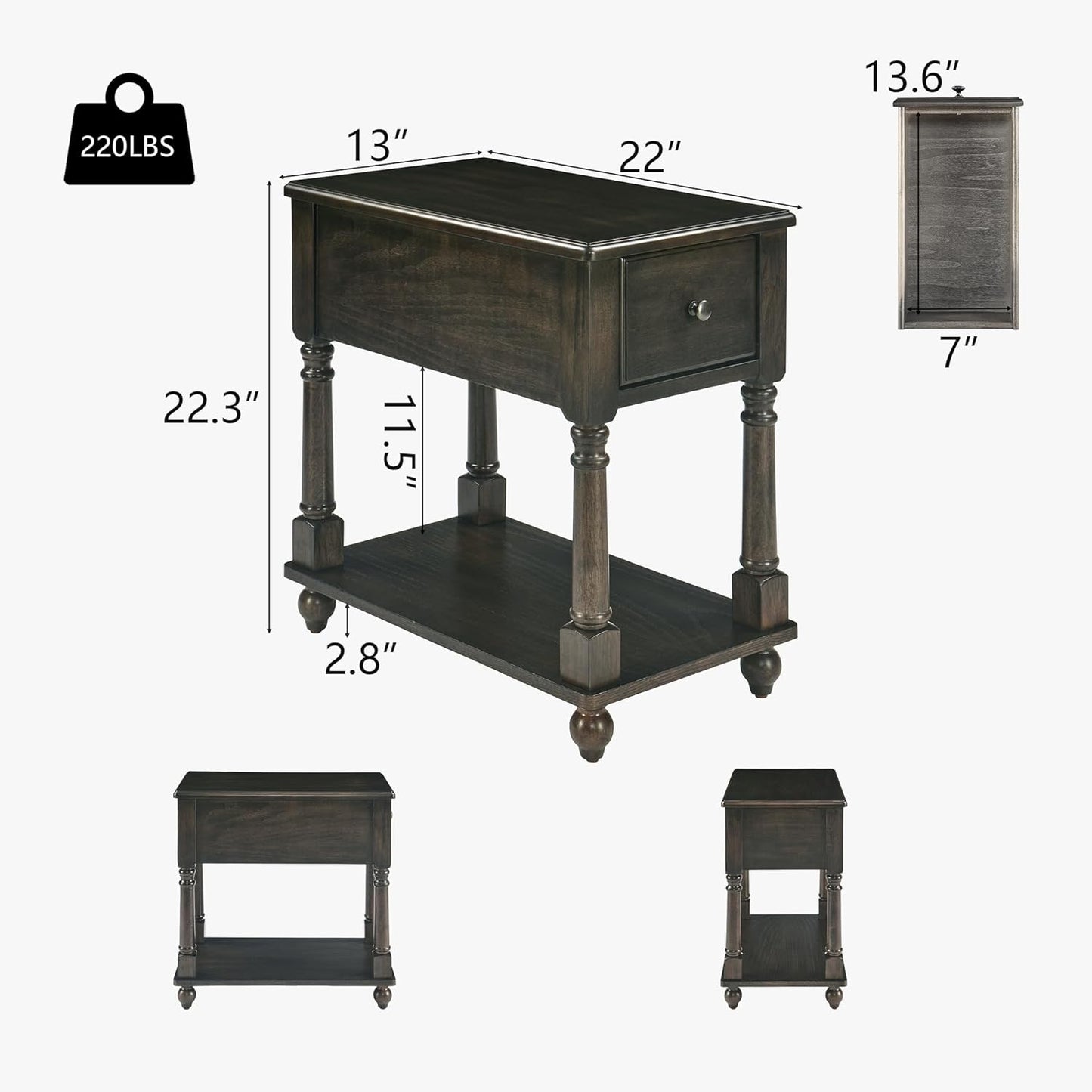 LEEMTORIG Solid Wood End Table Narrow Side Table with Drawer, Cherry Wood End Table Living Room, 13" W Slim Bedside Table Small Nightstand, 22" D x 22.7" H, No-Tools Assembly, Rustic Black BBJ-004-BK