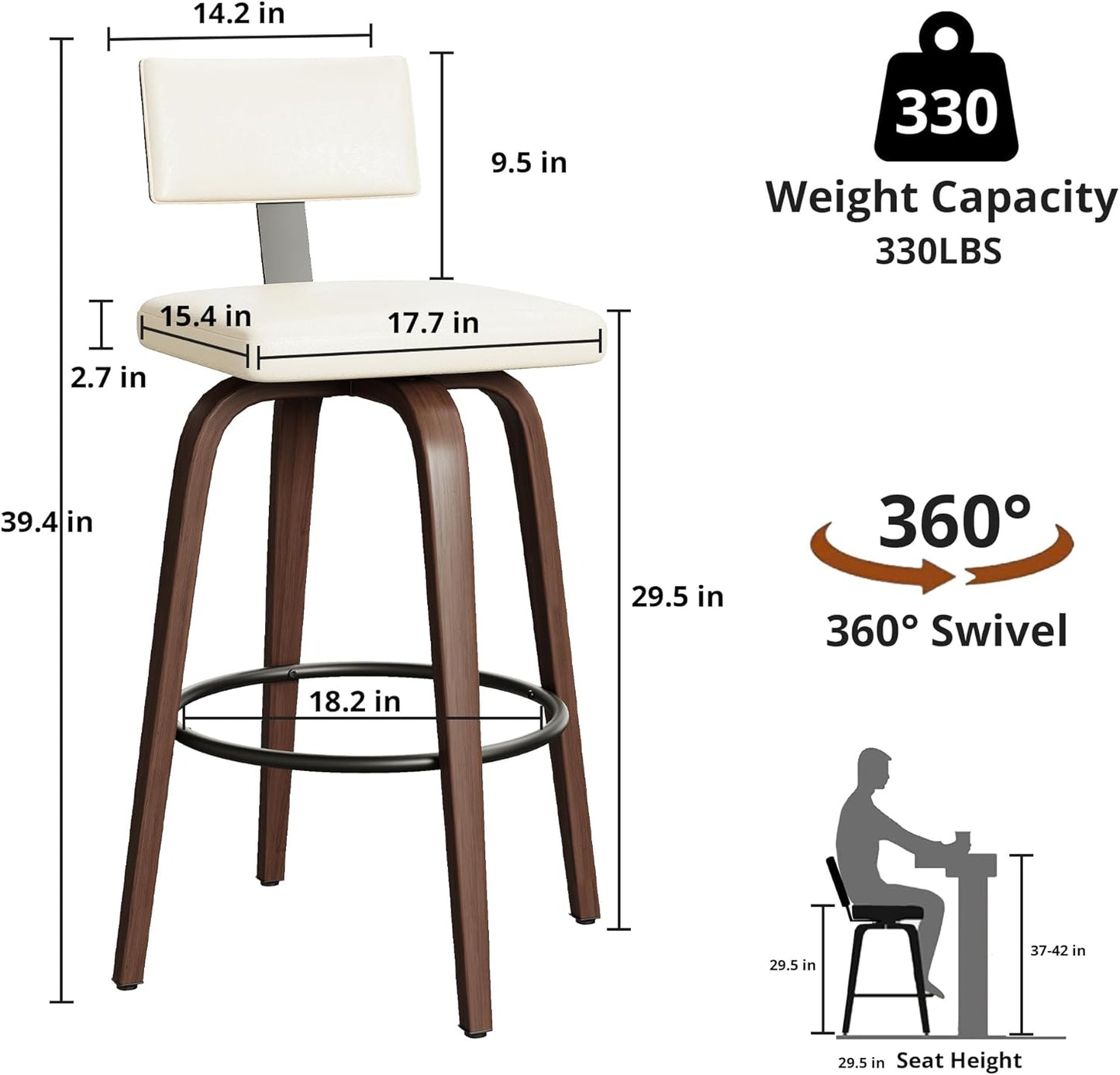 IRONCK Counter Height Bar Stools Set of 2, 29'' Faux Leather Upholstered Barstools with Back, Footrest, Wood Texture Bent Legs, Mid-Century Modern 360° Swivel Bar Stools for Kitchen Island, White
