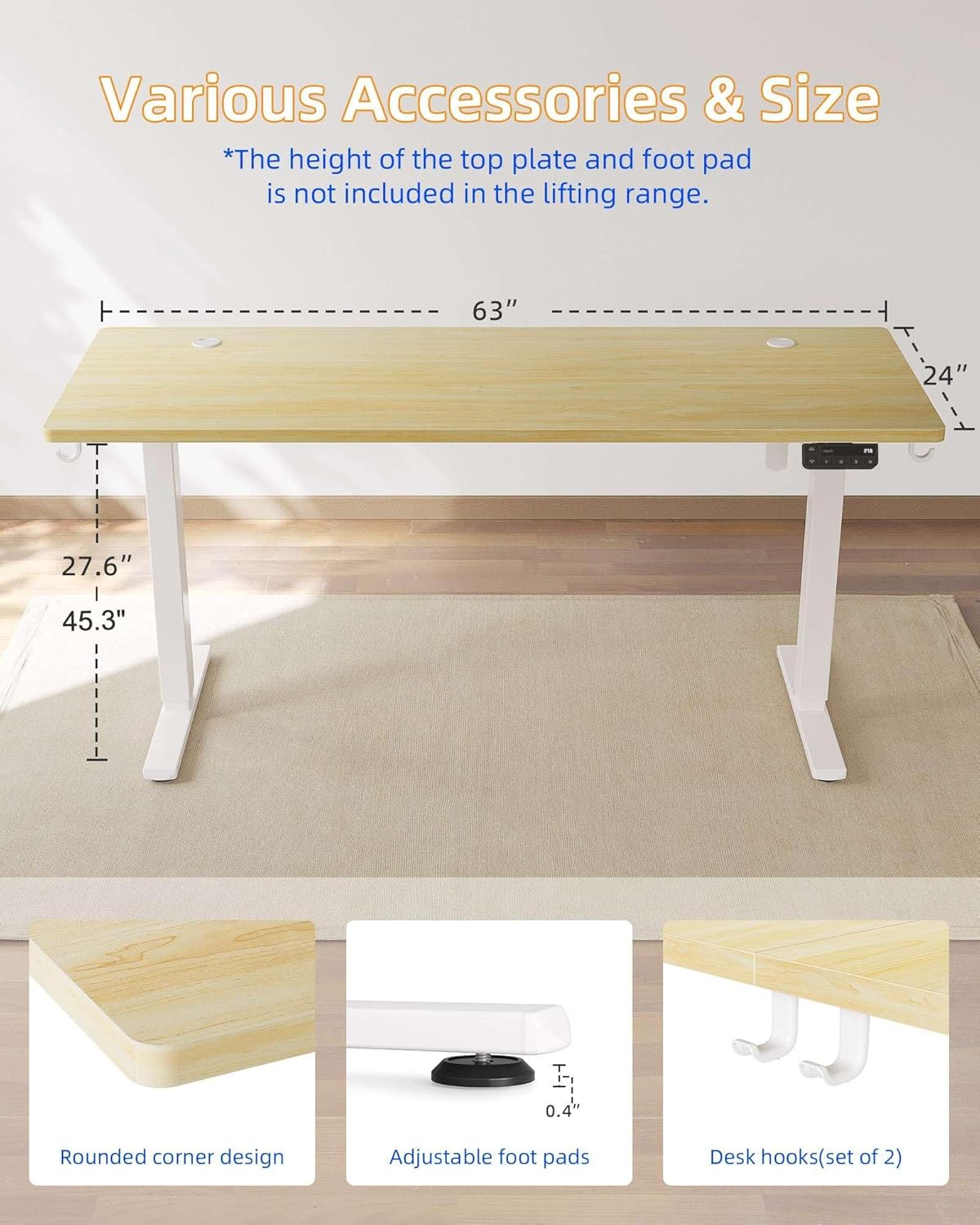 YIHAYO Electric Standing Desk, 63 x 24 Inches Stand Up Desk with Splice Board, Adjustable Height Desk, Computer Desk for Home Office, White Frame/Natural Top