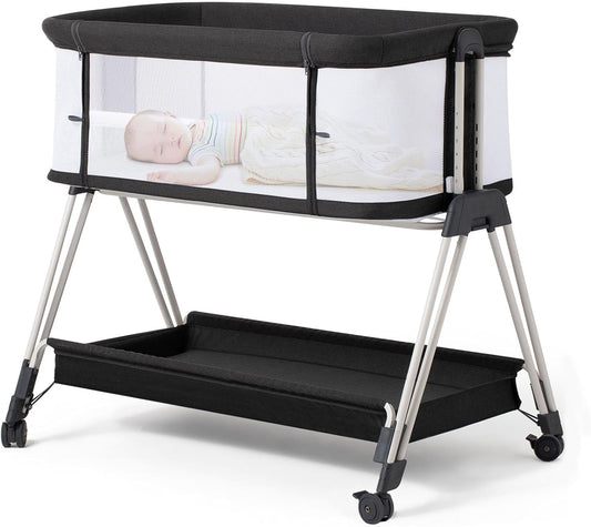 Fodoss Baby Bassinet Bedside Sleeper with Wheels and Storage Tray,4-Sided Mesh Bedside Bassinet for Infant/Newborn,7 Height Adjustable Easy Folding Bedside Crib