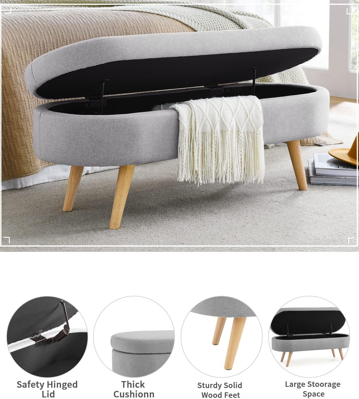 Oval Storage Bench 43.5" Linen Fabric Upholstered Entryway Bench with Solid Wood Legs Ottoman Bench Indoor Bench for Living Room/Bedroom/End of Bed/Entryway (Grey)