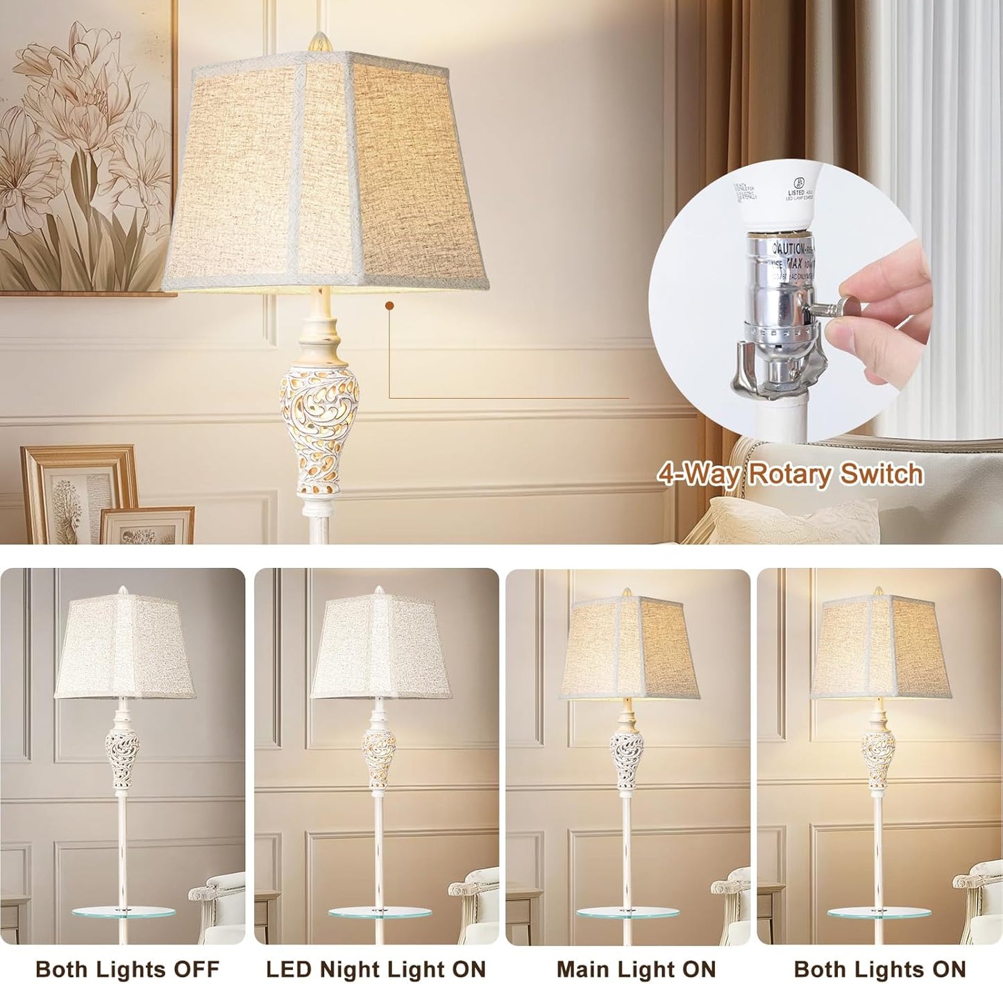 Vintage Floor Lamp with Nightlight and Glass Tray, Farmhouse Standing Lamp with White Washed Finish and Linen Shade, 65" Rustic Tall Lamp Decor for Living Room, Bedroom, Office, House (Bulb Included)