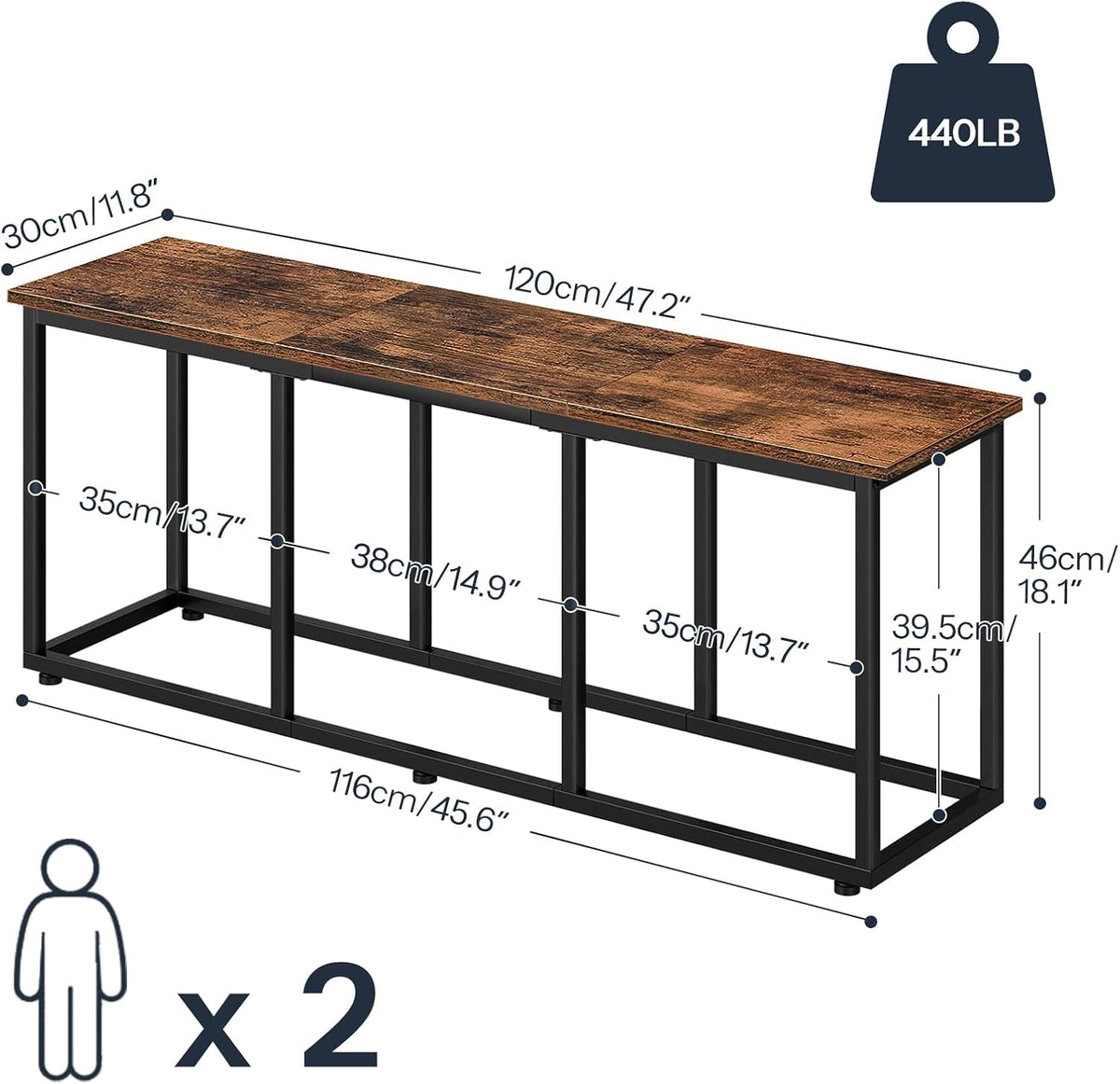 HOOBRO Dining Bench, 47.2 Inch Dining Table Bench, Industrial Style Kitchen Bench, Steel Frame, Easy to Assemble, for Kitchen, Dining Room, Rustic Brown and Black BF45CD01