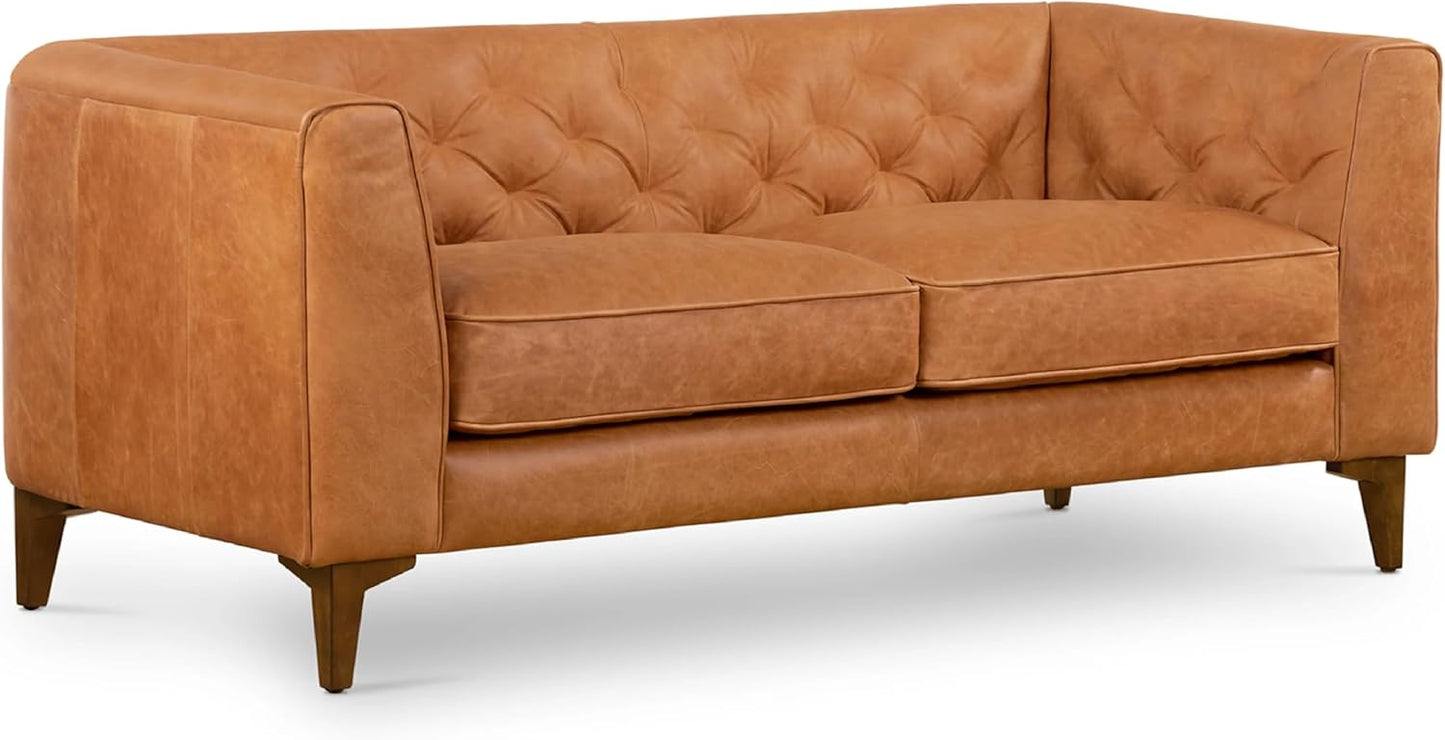 POLY & BARK 74” Essex Apartment Leather Couch - Apartment Sofa with Tufted Back - Full-Grain Leather Sofa for Living Room with Feather-Down Topper - Vintage Italian Leather in Cognac Tan