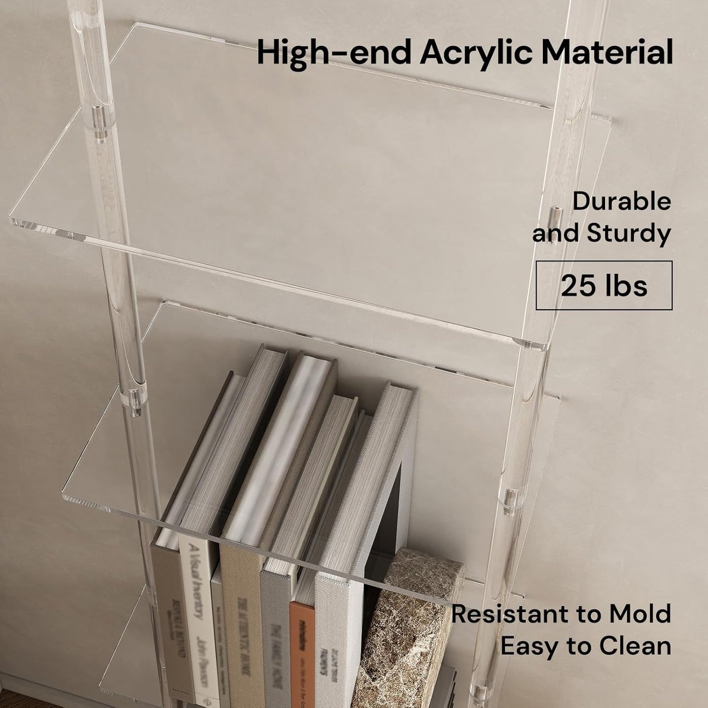 Small Acrylic Ladder Bookshelf, 9.5" D x 15.6" W, 4-Tier Clear Wall Mounted Book Shelf for Small Spaces, Multipurpose Bookcase for Living Room, Bathroom, Office, Modern, 59" H