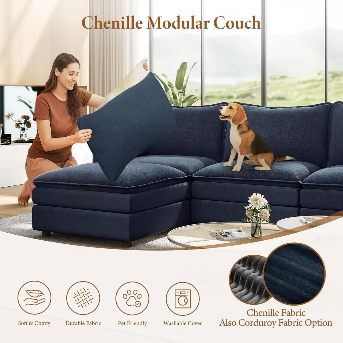 Vesgantti 142" U Shaped Sectional Couch, Comfy Cloud Modular Sectional Sofa with 2 Ottoman Deep Seat Chenille Modern Cloud Sofa, Modular Sofas for Living Room, Bedroom and Apartment, Blue