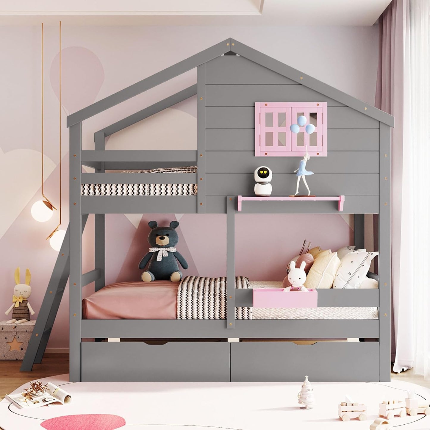 Ball & Cast Twin Over Twin Size Bunk Bed with 2 Drawers and 1 Storage Box,Playhouse Wood Bunkbed w/Window & 1 Shelf,Slat Support,Space Saving,Bedroom Furniture for Student Dorms,Gray