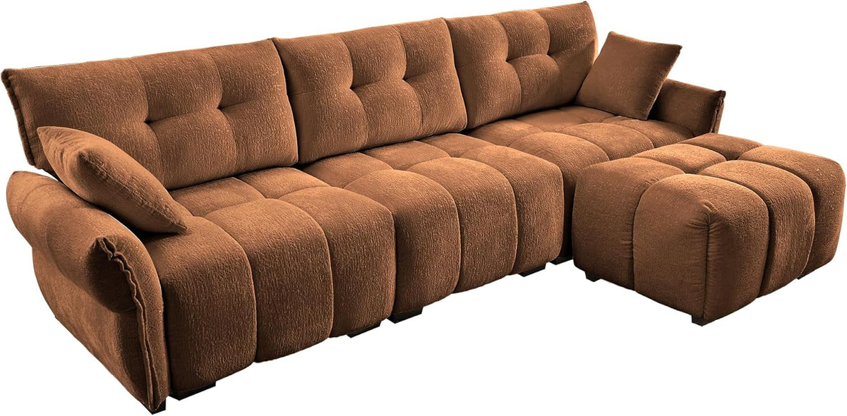 Modern Chenille Fabric 3-Seat Sofa w/Ottoman+2 Pillows, Premium Upholstery Living Room Couch with Tufted Backrest & Comfortable Armrests and High-Resilience Memory Foam Cushions,Orange