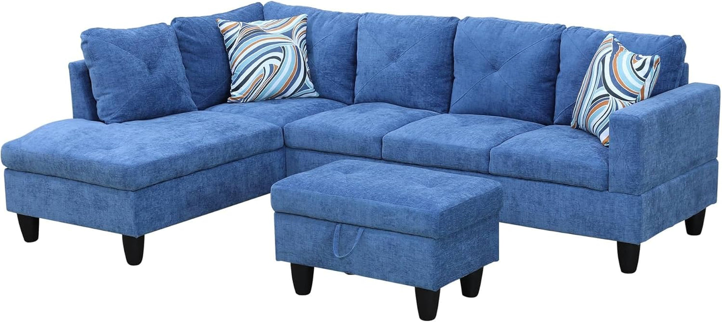 NicBex Sectional Couch 3 Pieces Sofa Set with Right Chaise Linen L Shaped Cloud Couch for Living Room Furniture Sets with Storage Ottoman, Modular Sofa for Living Room & Apartment, Blue