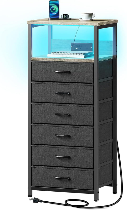 Seventable Night Stand with Charging Station, Tall Nightstand with 6 Fabric Storage Drawers, Side Table with LED Light for Bedroom, Entryway, Greige, Set of 2