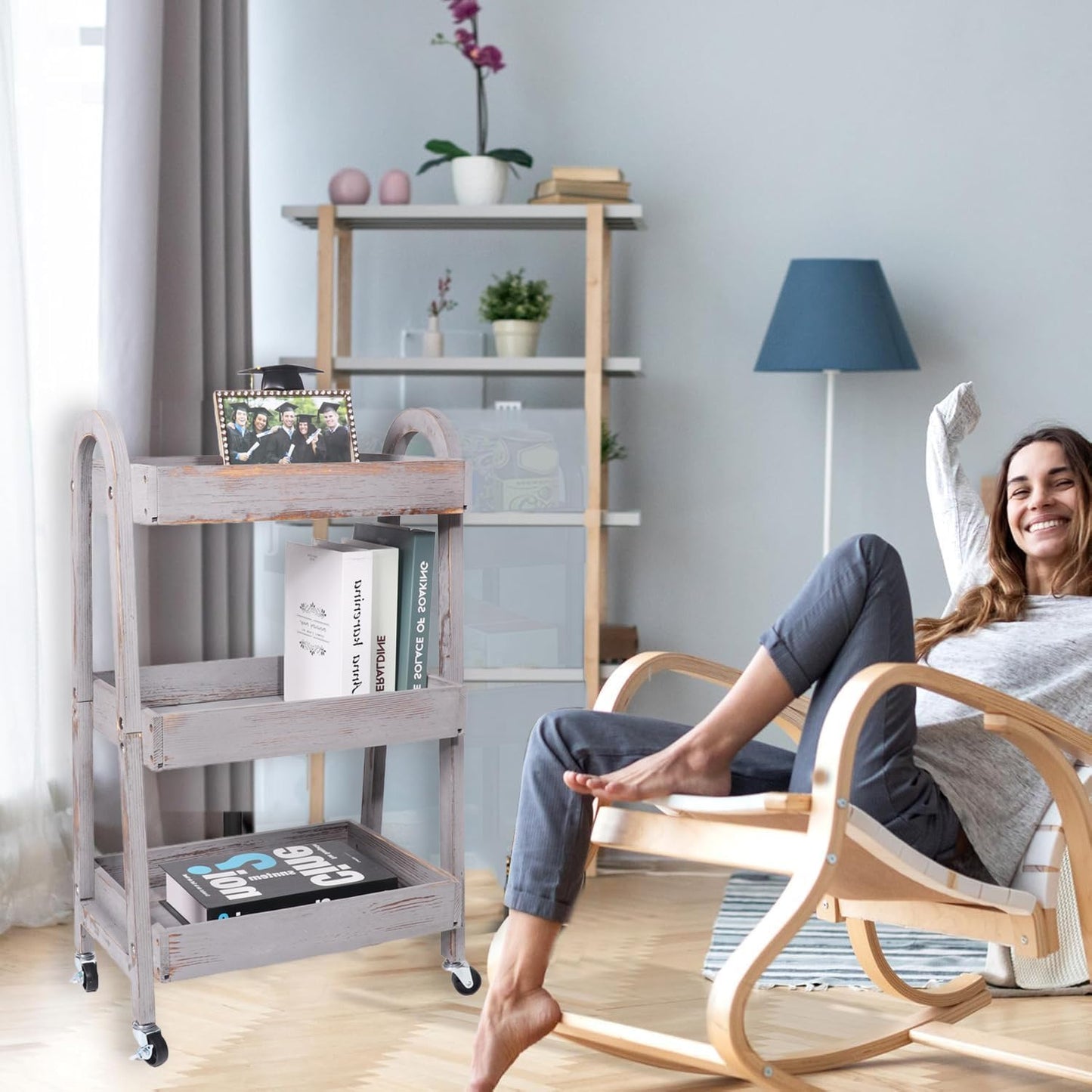 3-Tier Rolling Utility Cart with Lockable Wheels Storage Slim Storage Heavy Duty Cart Mobile Shelving Unit Craft Narrow Organizer for Bathroom Laundry Kitchen (Vintage Grey)