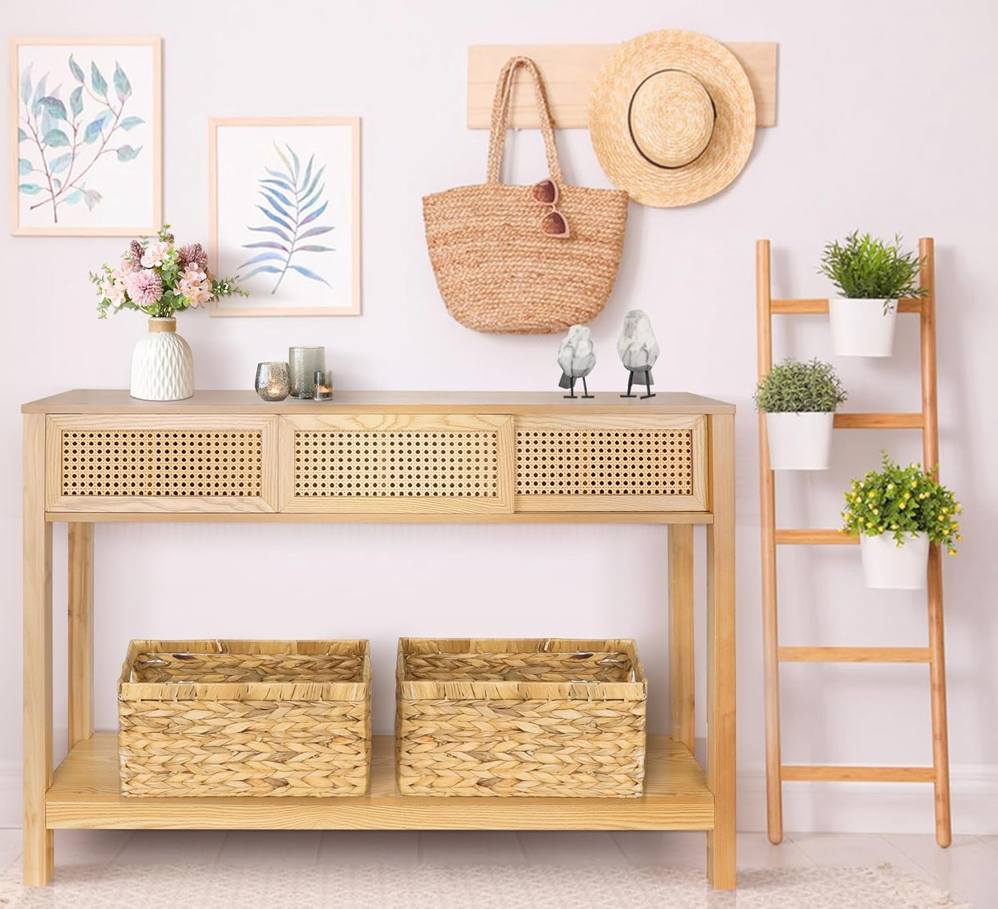 ZYBT Long Console Table, Console Tables for Entryway, Modern Narrow Wood Rattan Entryway Couch Hallway Boho Sofa Table with Storage Drawers for Living Room