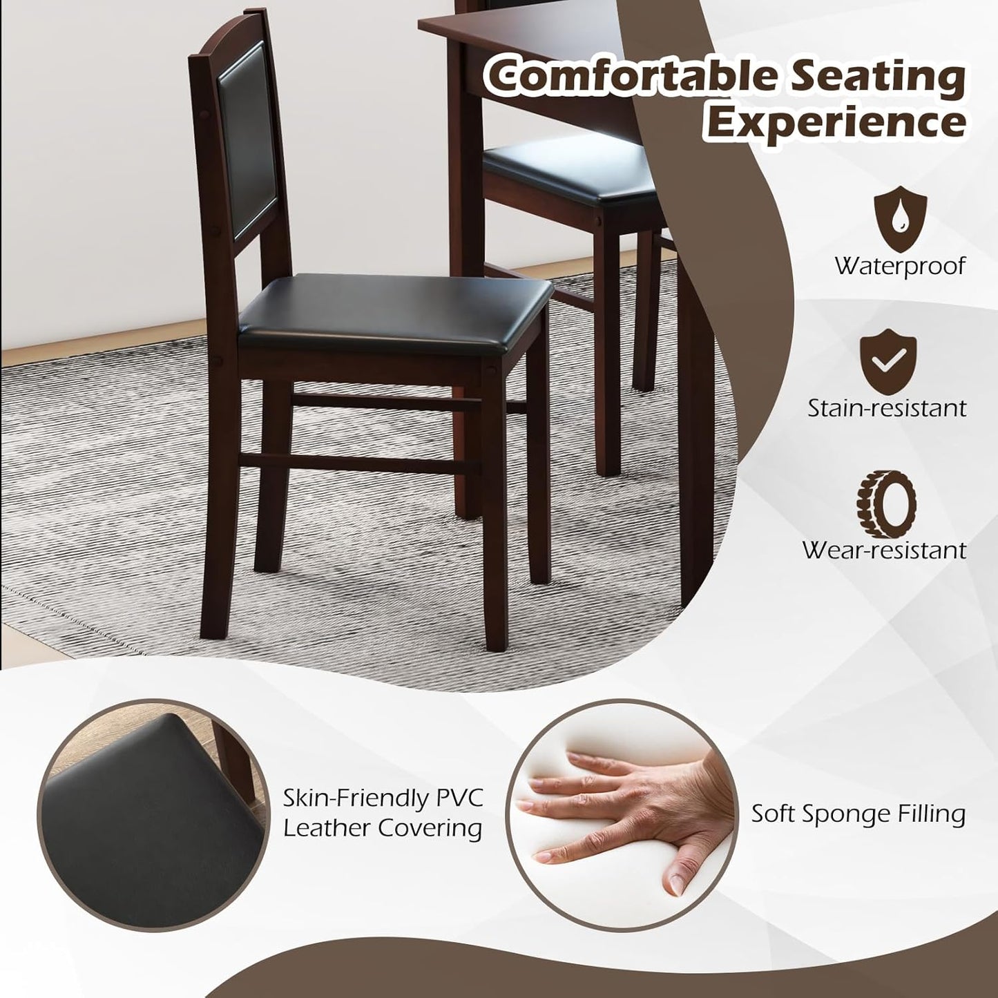 Giantex 5-Piece Dining Table Set for 4 - Breakfast Nook Table Set with Kitchen Table, 4 Upholstered Chairs, Wood Legs, Space-Saving Dinette Set, Kitchen Table Chairs Set of 4 (Cherry Brown)