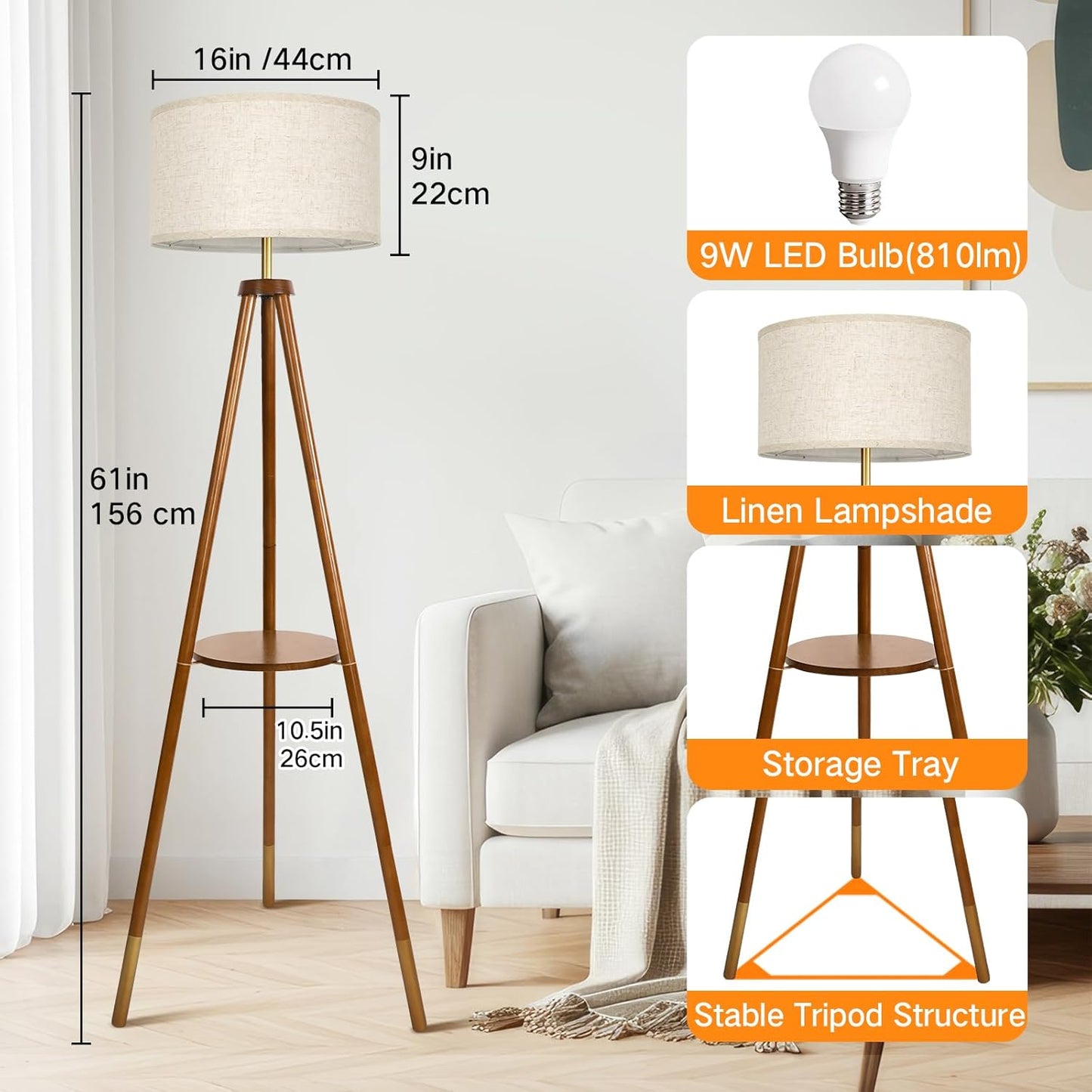 OUTON Wood Tripod Floor Lamp with Shelves, Mid Century Floor Lamp with Remote Control, 4 Color Temperature, LED Modern Dimmable Standing Lamp for Living Room, Bedroom, Office, Walnut & Gold