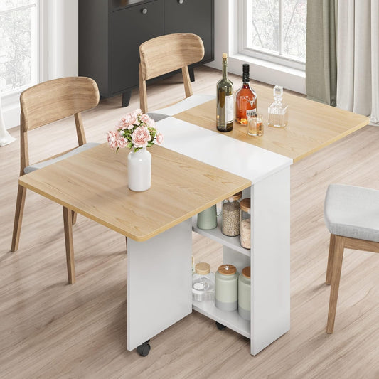 IDEALHOUSE Folding Dining Table, Drop Leaf Table with 6 Wheels and 2-Layer Storage Shelf, Space Saving Dining Table for Small Spaces (Natural Wood, 47.2" D x 23.6" W x 29.5" H)