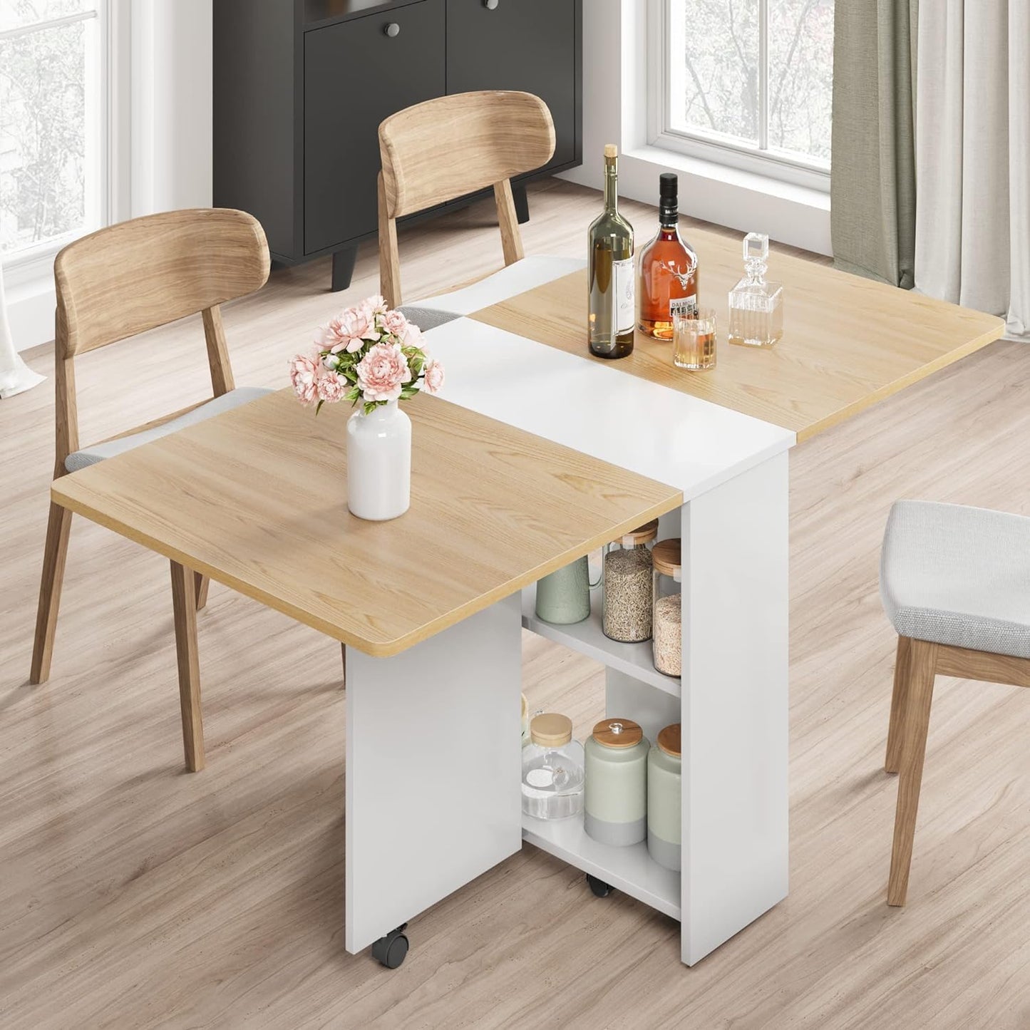 GarveeHome Folding Dining Table, Space Saving Farmhouse Dining Table for 4 Storage Shelf, 6 Wheels Multipose Expandable Kitchen Drop Leaf Table for Small Space (Pear Wood, 47.2"D x 23.6"W x 29.5"H)