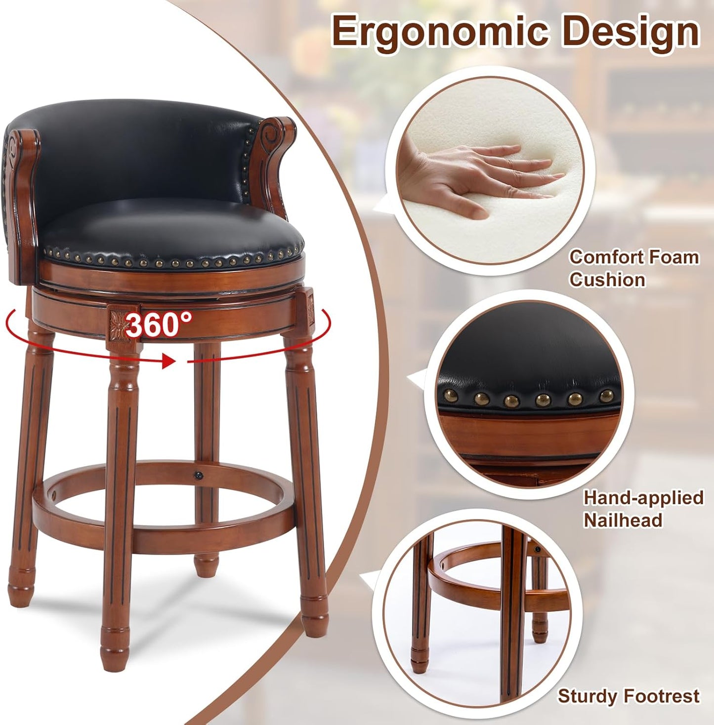 CozyRain Bar Stools Rubber Wood Counter Height Bar Stool Leather Upholstered Swivel Barstools with Back & Footrest for Home,Kitchen,Counter,Dining Room (Black, Seat Height 26 in)