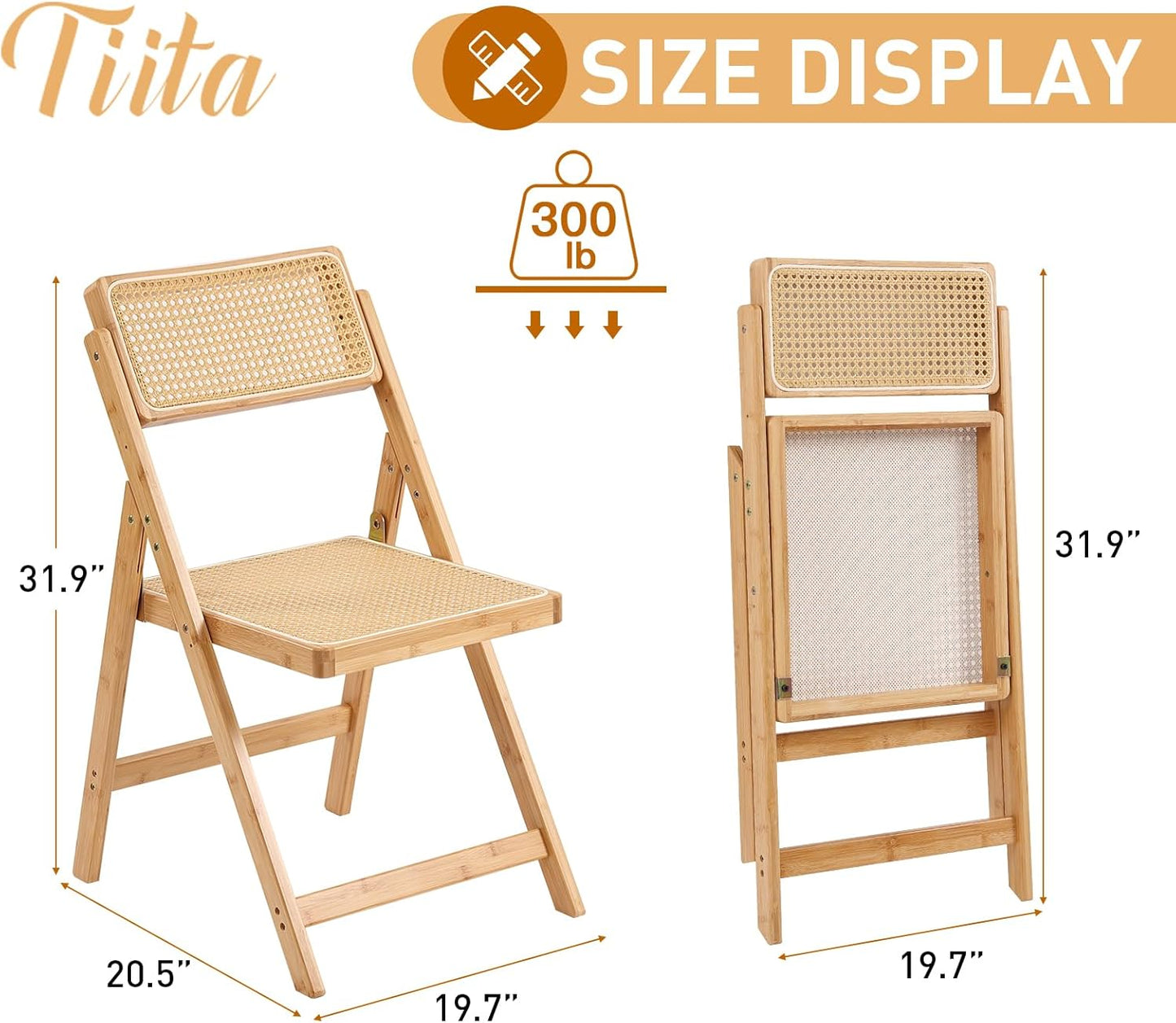 Tiita Rattan Dining Chairs Set of 1, Mid Century Modern Folding Chair, Bamboo Folding Dining Chairs for Small Space, Dining Room, Living Room, Bedroom, Wood