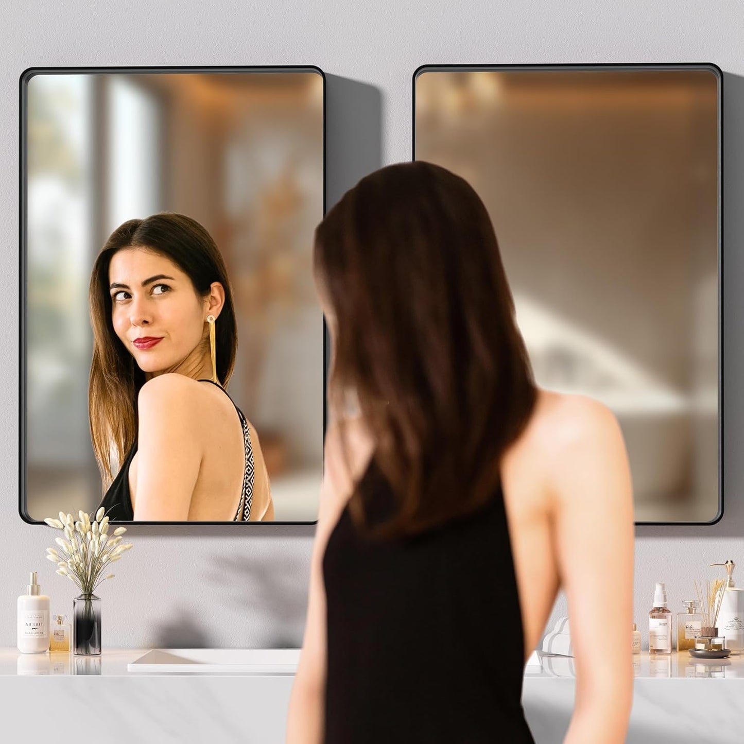 Hasipu 2 PCS Bathroom Mirror for Wall, 36 x 24 Inch Black Metal Framed Bathroom Mirrors for Over Sink, Rectangle Bathroom Vanity Mirror, Anti-Rust, Tempered Glass, Horizontal or Vertical
