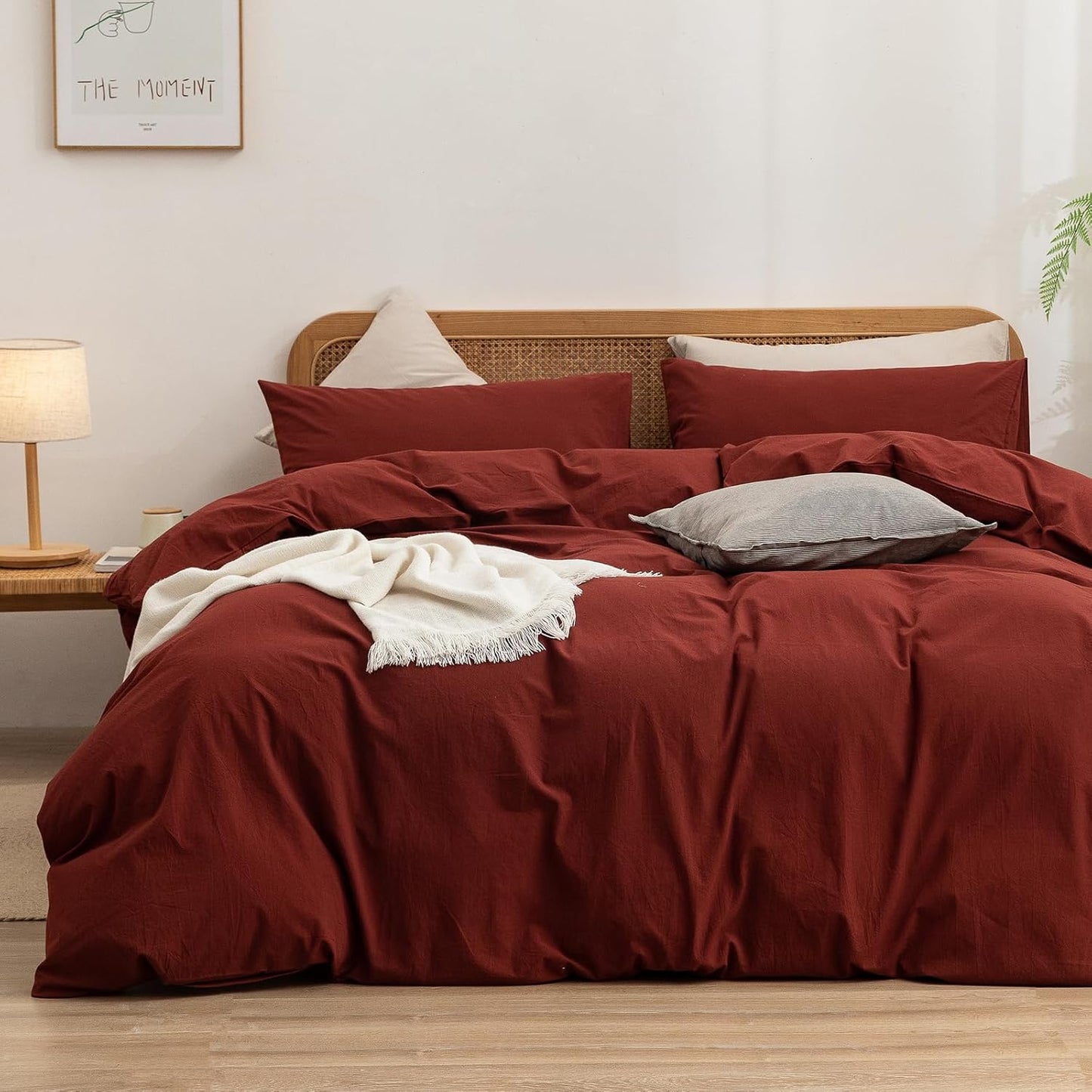 BESTOUCH Duvet Cover Set 100% Washed Cotton Linen Feel Super Soft Comfortable Chic Lightweight 3 PCs Home Bedding Set Solid Fired Brick Red Cal King