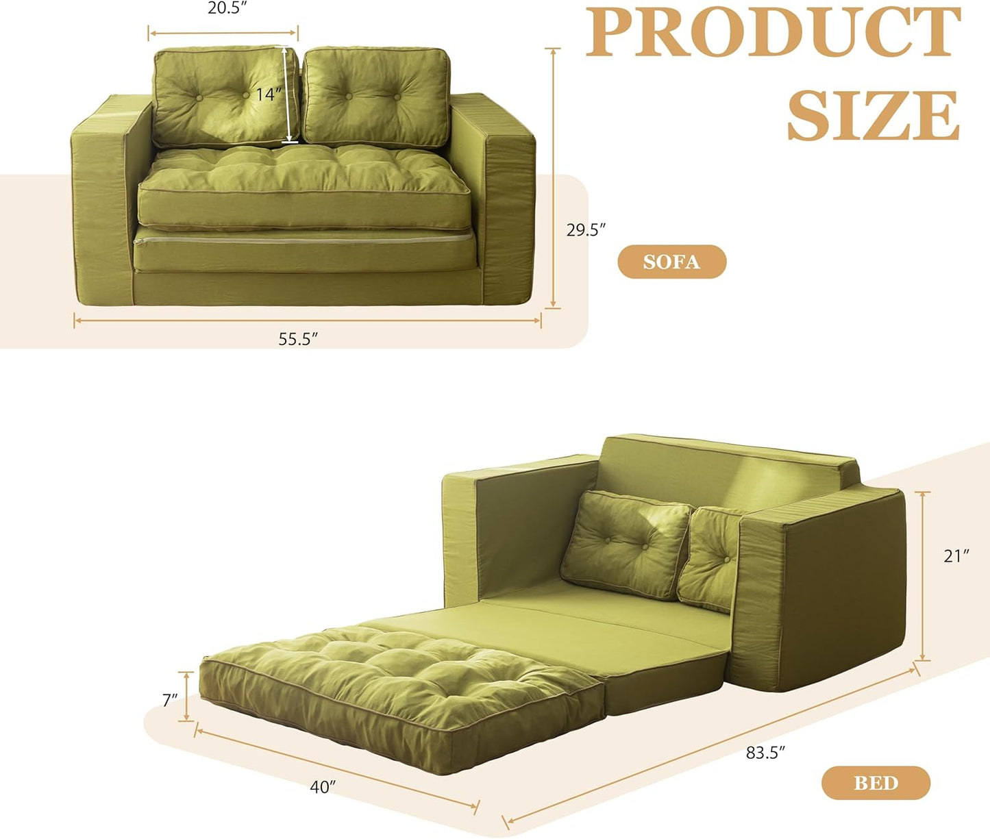 YOSHOOT Loveseat Sleeper Sofa,55" Convertible Sofa Bed Couch Futon Couches for Living Room,3-in-1 Pull Out Floor Couch with Backrest and Pillows, Green
