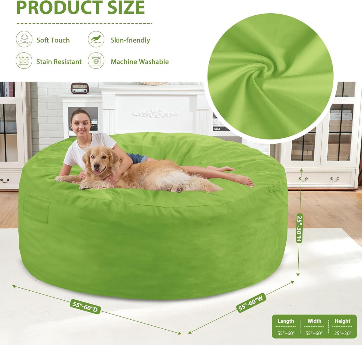 6FT Bean Bag Chair, Large Bean Bag Chairs with Memory Foam Filled, Fluffy Beanbag Sofa with Dutch Velvet Cover, Round BeanBag Chairs for Living Room, Playroom - Lime
