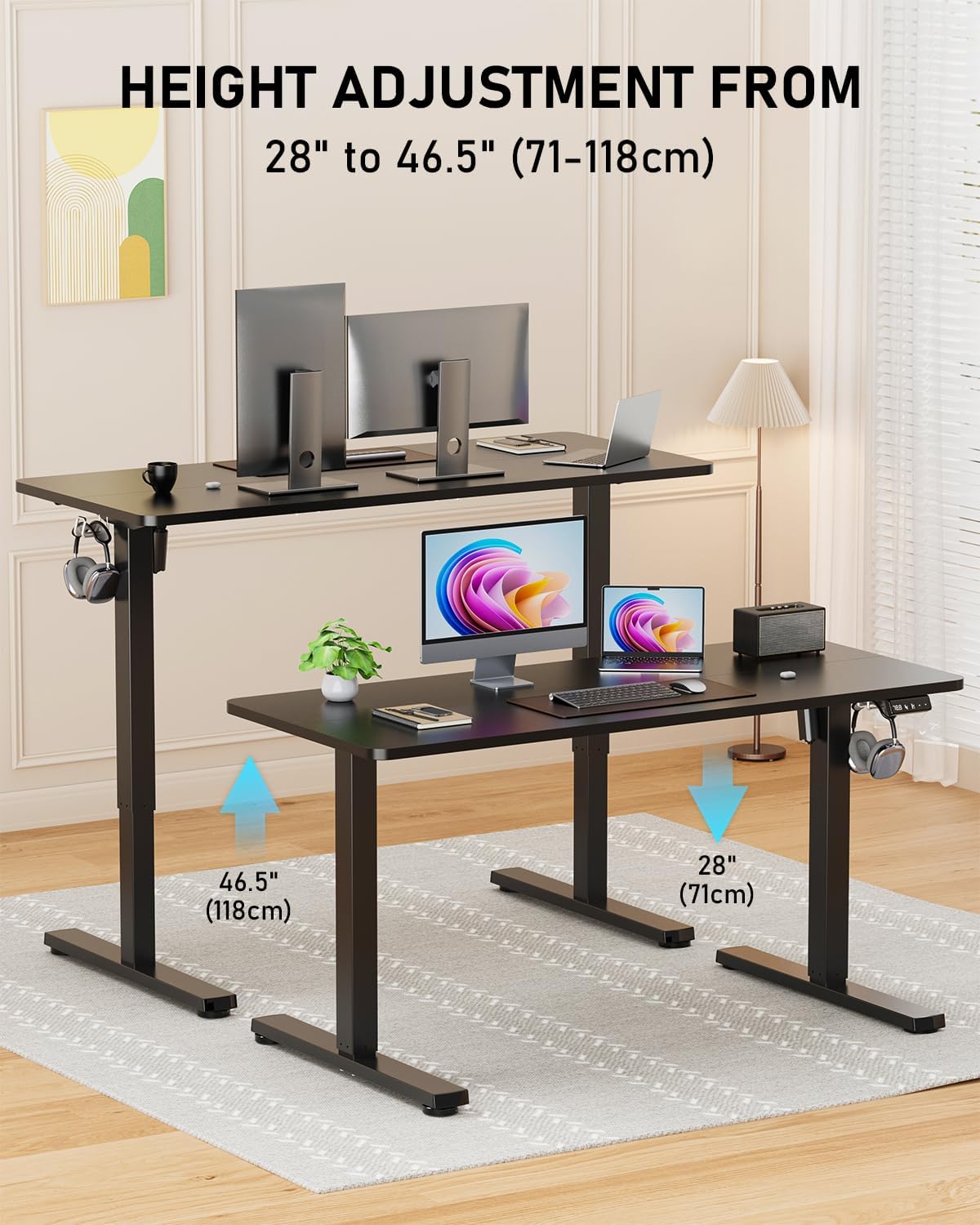 Electric Standing Desk, Large Height Adjustable Stand up Desk, 48 x 24 Inches Sit Stand Home Office Desk, with Splice Board, Black Frame/Black Top