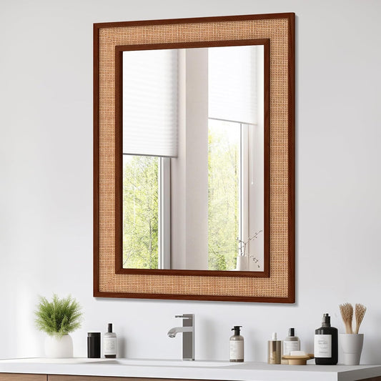 Rattan Wall Mirror with Wooden Framed 24 X 32 inch Farmhouse Rectangle Wood Mirror for Modern Decorative Bathroom, Living Room, Entryway, Bedroom (Walnut)