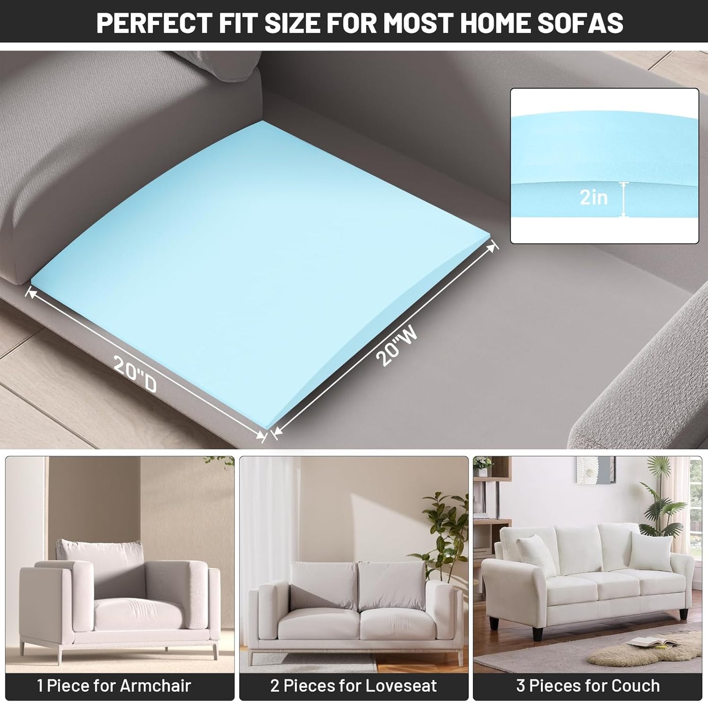 Couch Cushion Support for Sagging Seat - 20" x 20" High-Density Curved Foam Sofa Cushion Support Board,Couch Supporter for Under The Cushions,Blue Set of 3