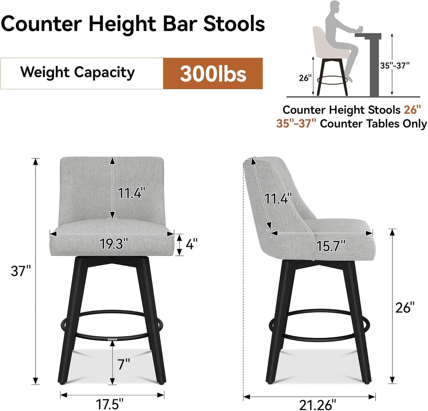 Counter Height Bar Stools Set of 2, Modern Swivel Barstools with Back and Wood Legs, Linen Fabric Upholstered Counter Height Stools, 26" H Kitchen Island Stools, Home Bar, Light Grey