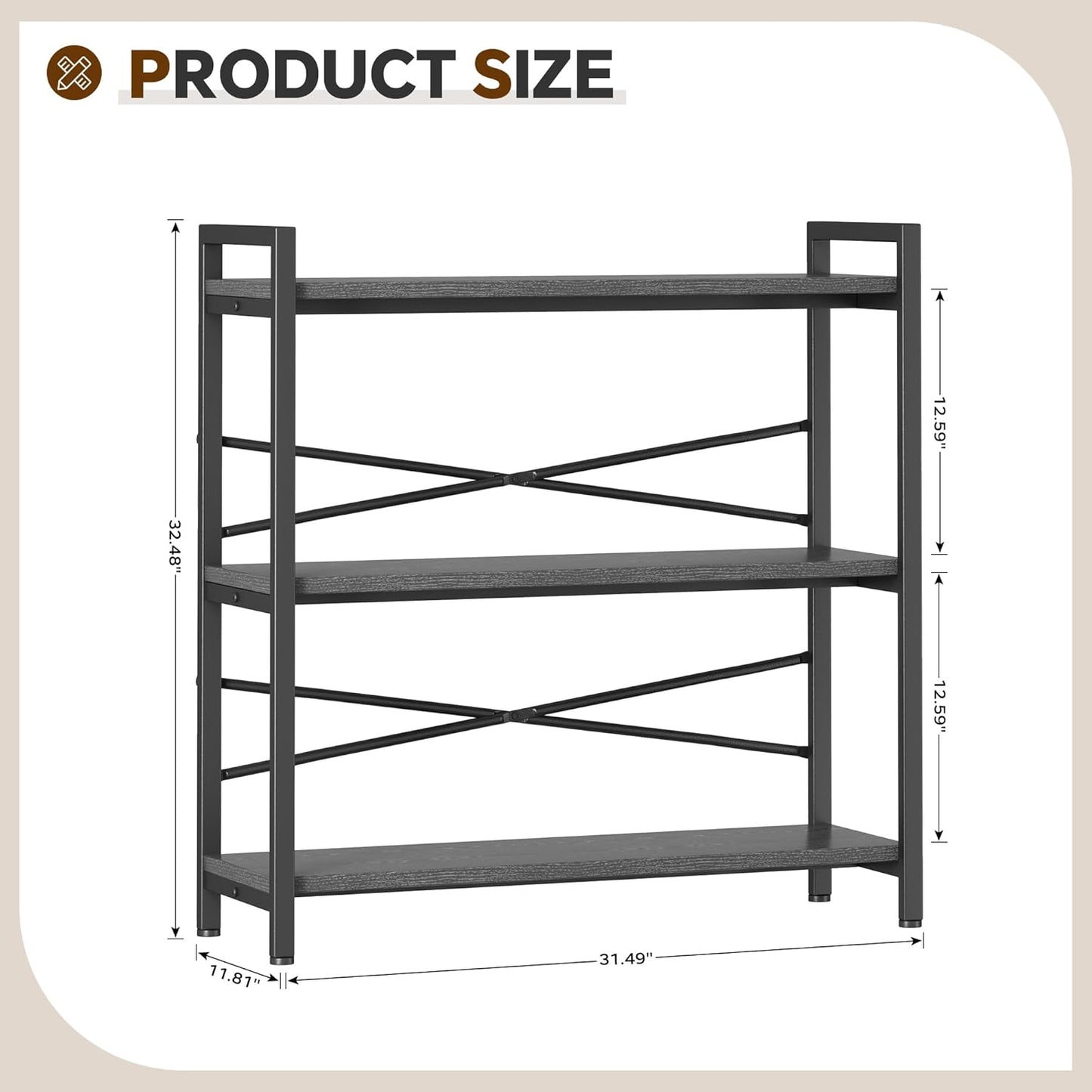 Book Shelf, 3 Tier Bookshelf 31.49" Width, Book Shelf Storage and Organization, Wooden and Metal Industrial Bookcase, Large Book Shelves for Home Living Room Bedroom Office Storage(Grey)