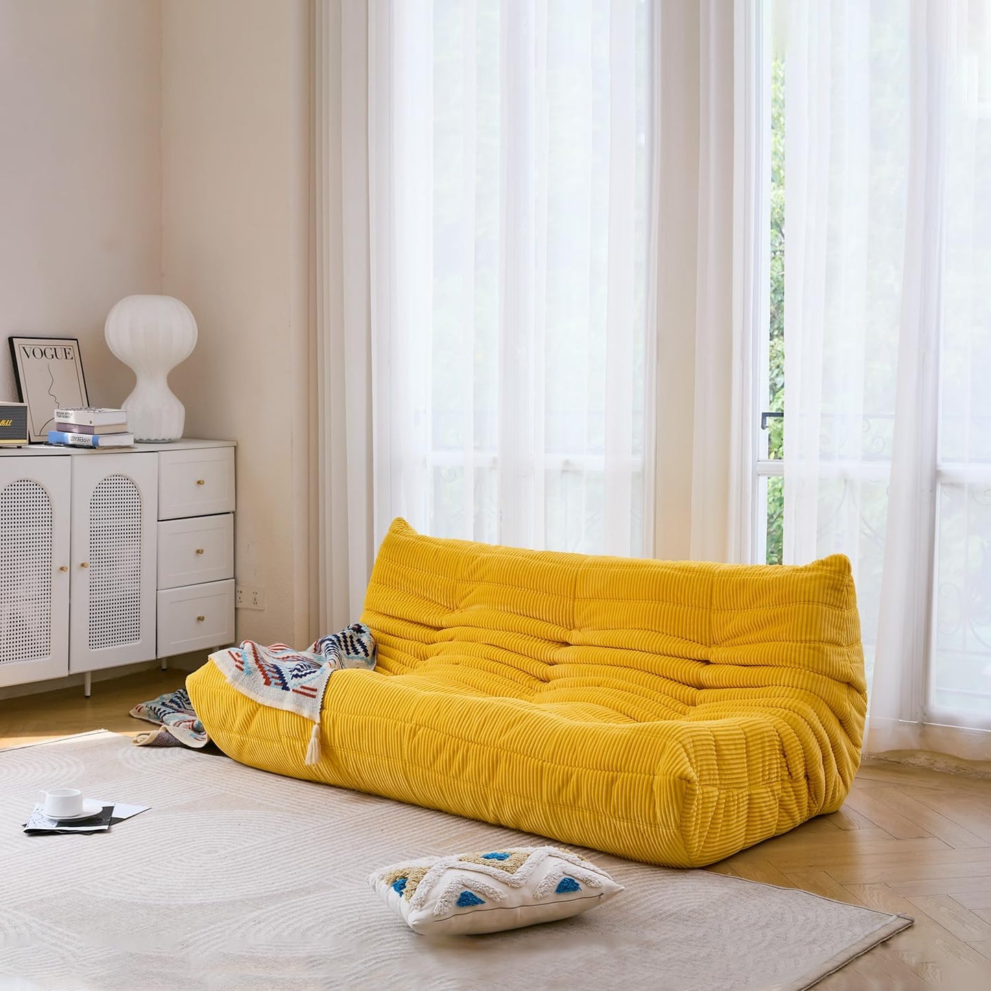 N&V Fireside Three Seater Sofa, Mid Century Armless Twin Size Floor Sofa, Soft Premium Corduroy Floor Lounge Chair, Foam Sofa Accent Chair for Living Room, Bedroom (Tuscany)