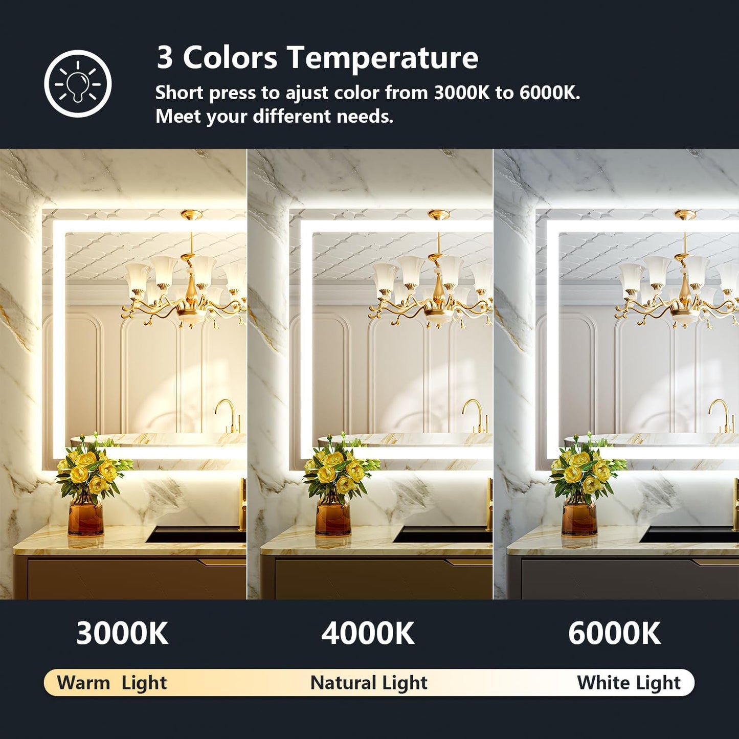 48x30 Inch LED Bathroom Mirror with Lights Front and Backlit Lighted Vanity Mirror for Bathroom Wall with 3 Colors Dimmable Anti-Fog Memory Shatter-Proof IP54 Waterproof Horizontal/Vertical