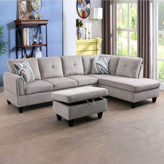 Grey White L-Shaped 3-Piece Corduroy Sofa with Storage Ottoman Set, Sectional Couch Sofa Set for Living Room, Office, Small Space