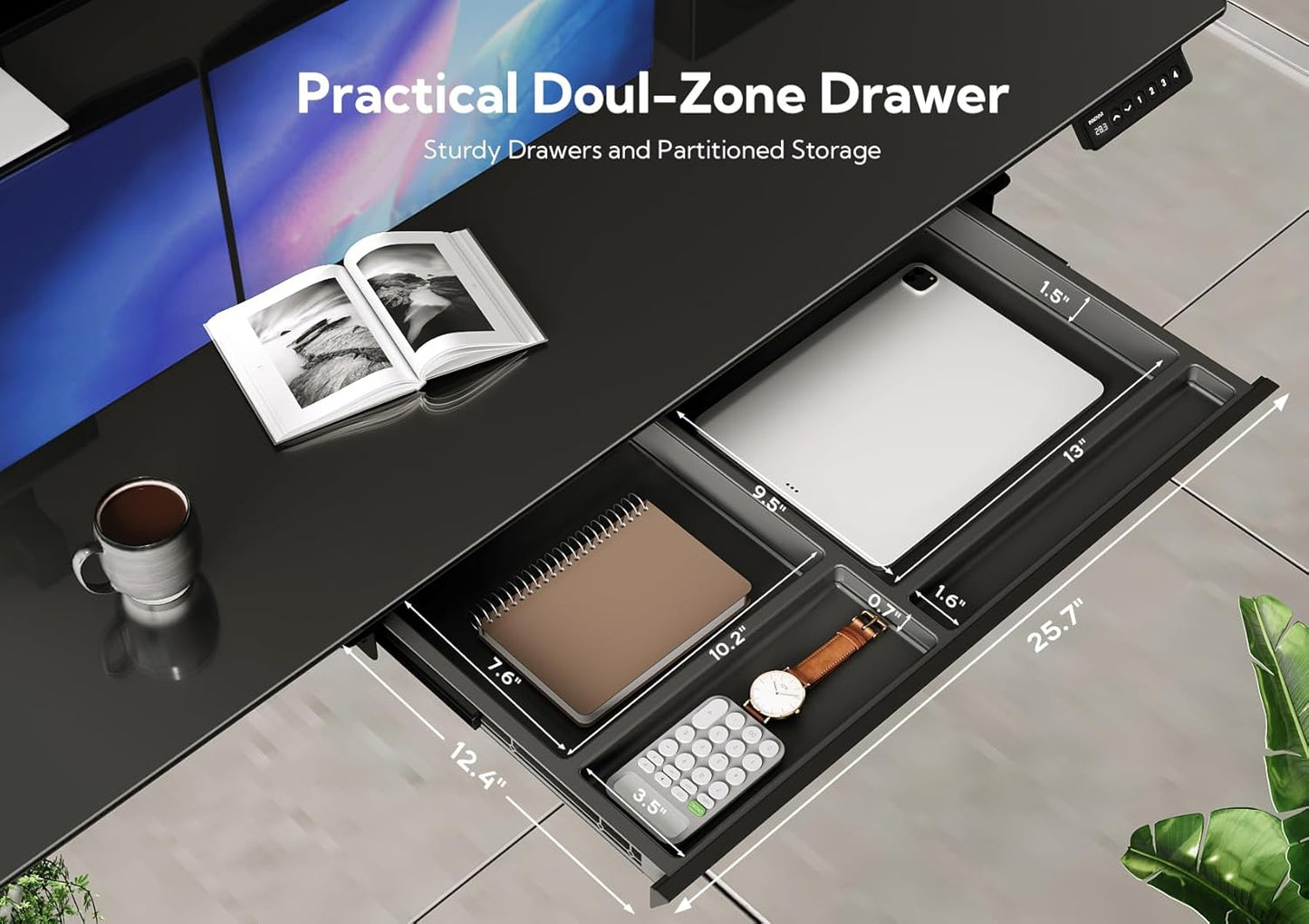 INNOVAR Glass Standing Desk with Drawers, 40×24 Inch Adjustable Stand Up Desk Quick Install Home Office Computer Desk, Black